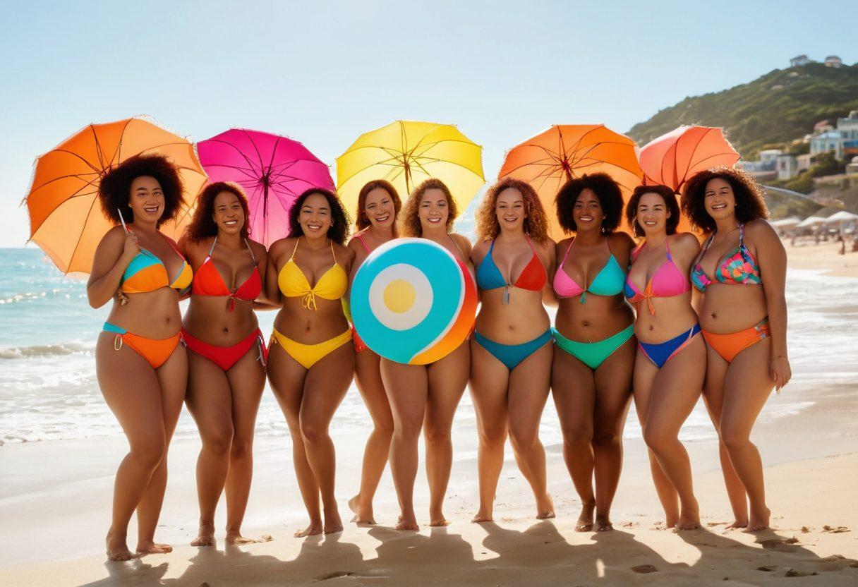 A diverse group of curvy individuals joyfully wearing vibrant beachwear, laughing and playing on the sandy beach. Colorful umbrellas and beach balls add a lively backdrop, while the golden sun illuminates their radiant smiles. The scene embodies body positivity and carefree fun, showcasing various styles of swimsuits that celebrate all body types. Super-realistic. Vibrant colors. Soft focus.