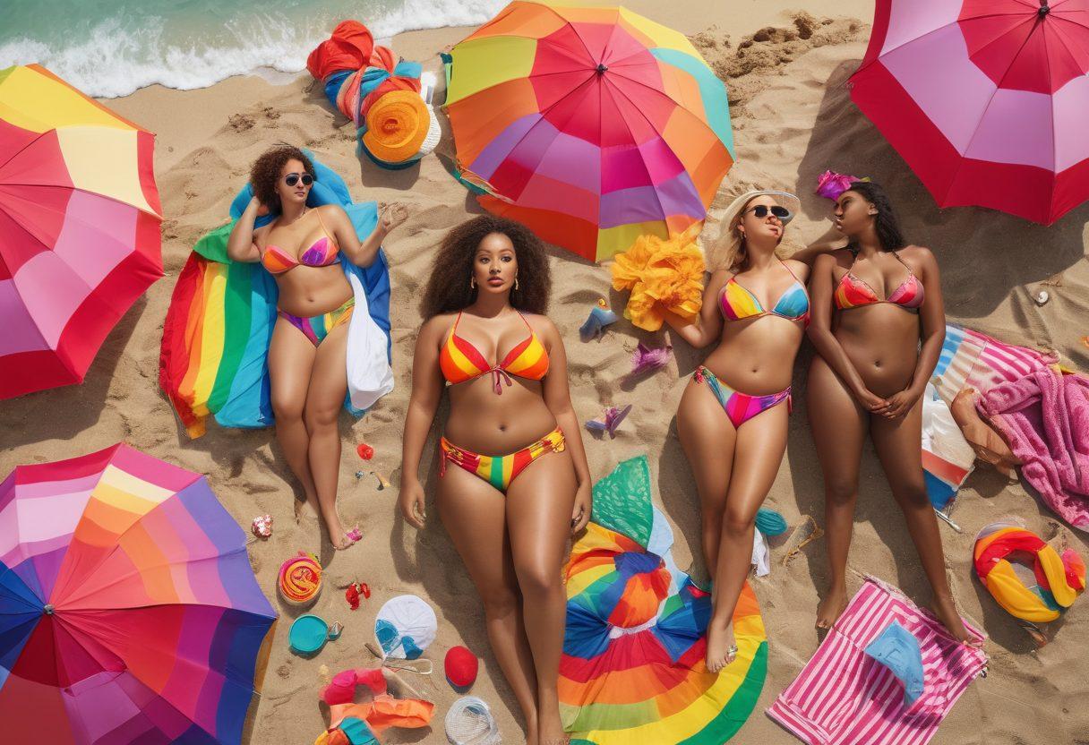 A vibrant beach scene featuring diverse curvy models in trendy swimwear, showcasing the celebration of LGBTQ+ identity and self-expression. Brightly colored beach umbrellas and sunbathing towels surround them, with each model showing unique styles and accessories. The ocean sparkles in the background, reflecting a sunny day with playful waves. Incorporate rainbow colors creatively throughout the scene to symbolize pride. super-realistic. vibrant colors.