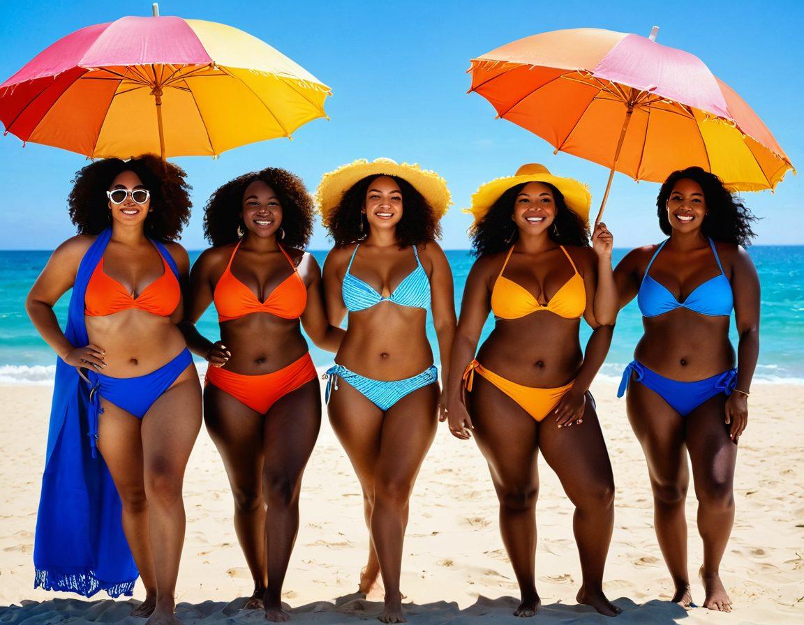 An enchanting beach scene featuring diverse models confidently showcasing vibrant, body-positive beachwear. The background contrasts the deep blue ocean with golden sands, while colorful beach umbrellas and towels create a lively atmosphere. The models exude joy and confidence, celebrating individuality and self-love. Incorporate soft sunlight filtering through, enhancing the warmth of the moment. vibrant colors. super-realistic. airy and bright.